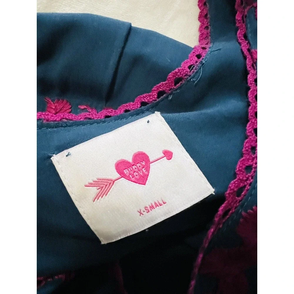 BuddyLove Buddy Love Embroidered Carolina Dress Navy Magenta Rayon Boho Size XS - Picture 14 of 16